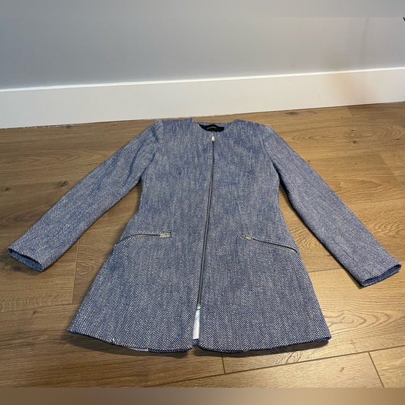 Zara Blue Tweed Frock Coat Kind Jacket Blazer With Zips Size S Blue White - Picture 2 of 10